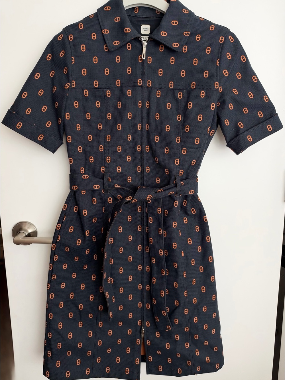Hermes Chain DβAncre Print Denim Dress 36FR